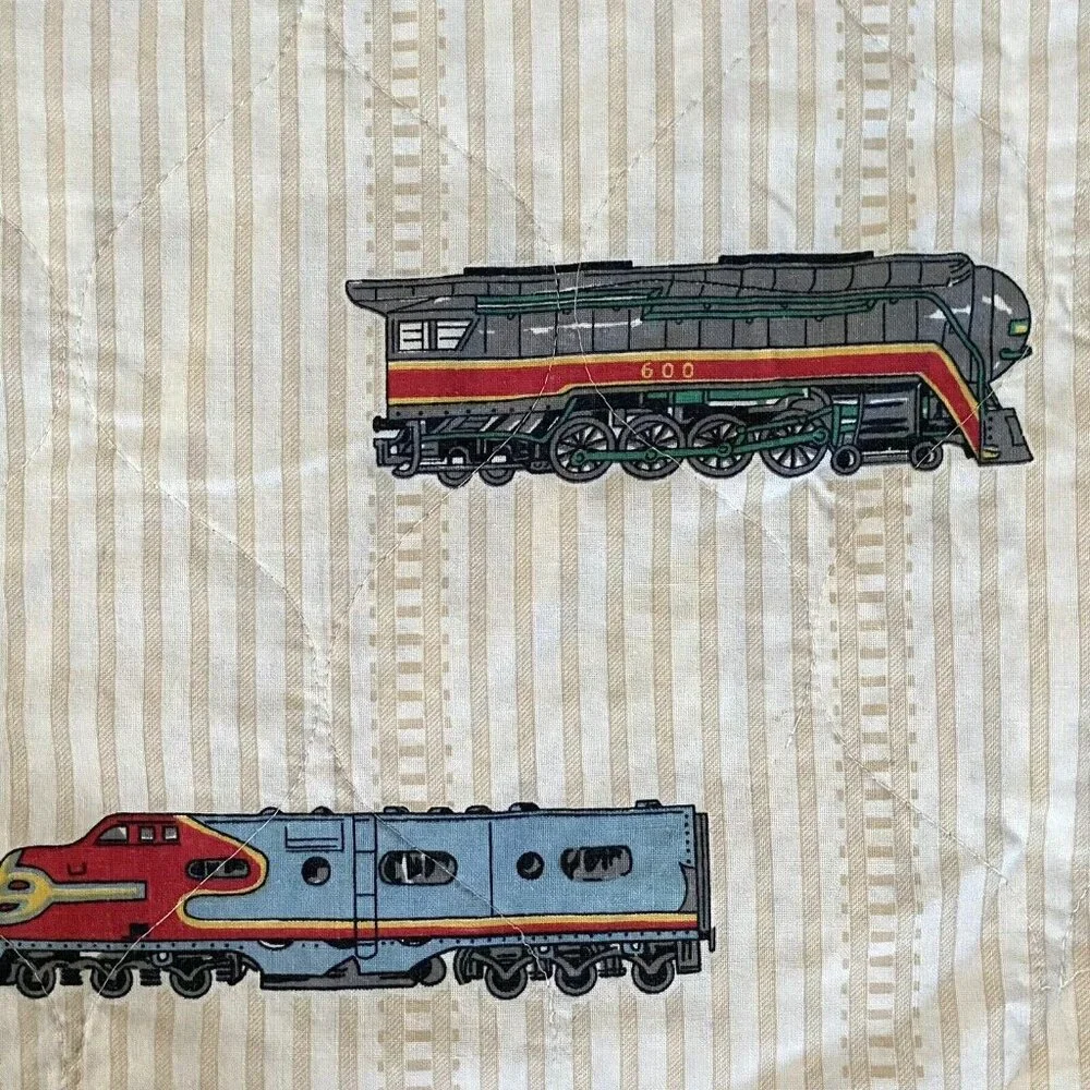 Vintage train locomotive quilt handmade striped tracks transportation kids 88x66